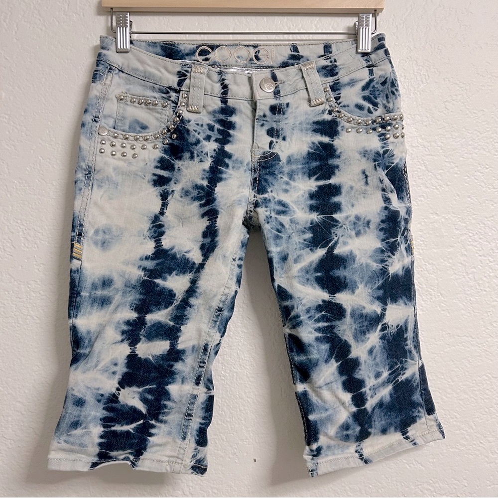 Coogi Blue-White Tie-Dye Studded Denim Capris, Size 7/8